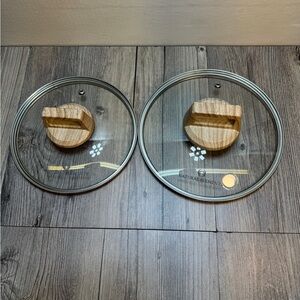 Lot Of 2 Natural Elements Woodstone Lids branded tempered glass pan 7” & 8”